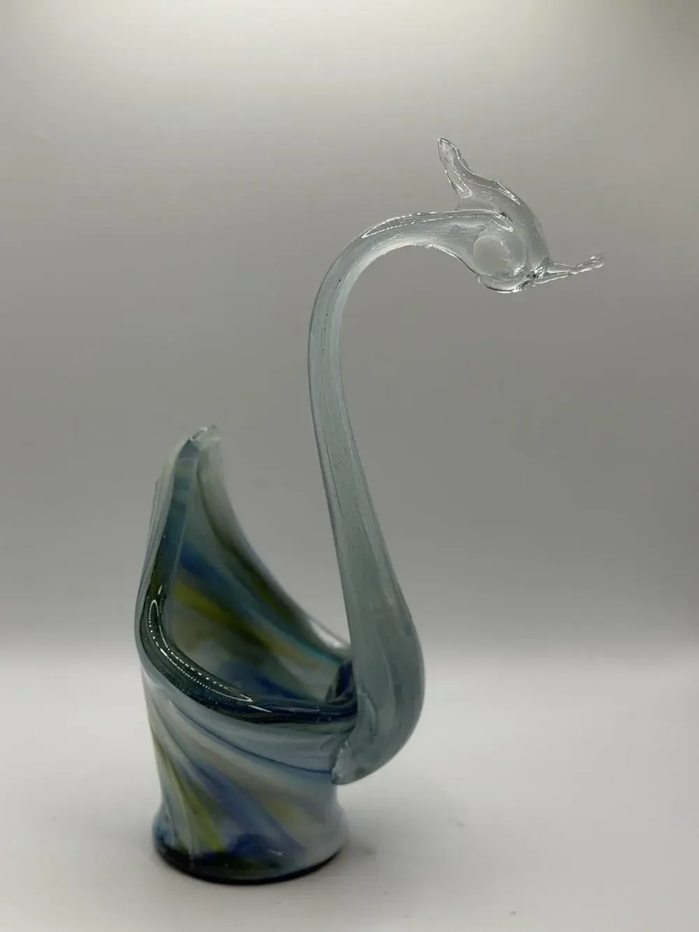 Vintage Hand Blown Art Glass Swan Vase Blue Slag Swirl MCM 10.5”